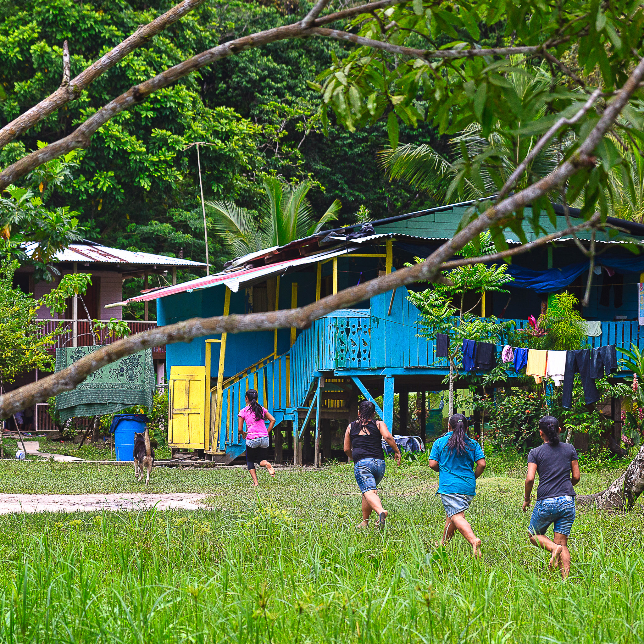 kids running through grass into their homes